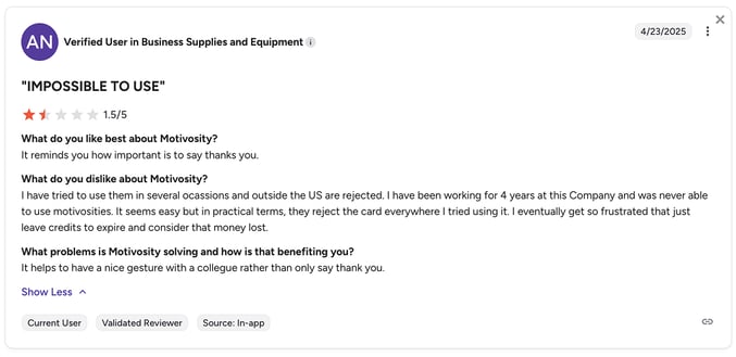 Screenshot of a G2 review criticizing Motivosity for limited employee rewards and a lack of meaningful options for global users.