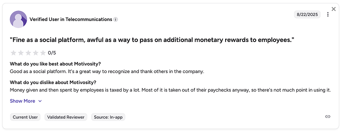 Image of a G2 review describing how Motivosity’s platform fails to meaningfully support company culture or align with organizational values.